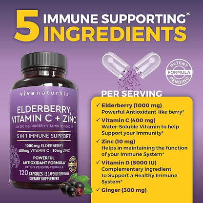 Viva Naturals Elderberry with Vitamin C and Zinc for Adults - 5 in 1 Sambucus Black Elderberry Capsules with Vitamin D3 5000 IU Immunity Supplement, Sambucus Elderberry Immune Support Supplement