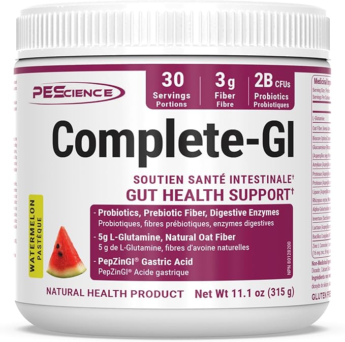 PEScience Complete-GI Gut Health Powder, Probiotics for Women and Men, Digestive Enzymes, Prebiotic Fiber, L-Glutamine, Pepzin GI Zinc Carnosine - Watermelon Flavor, 30 Servings