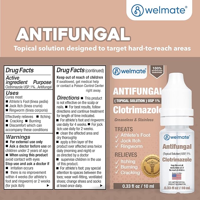 WELMATE Clotrimazole 1% Antifungal Topical Solution, 2 Pack 0.33 fl oz Each - Athlete's Foot, Jock Itch, Ringworm Treatment, Greaseless Non-Staining, Relieves Itchy Cracked Skin