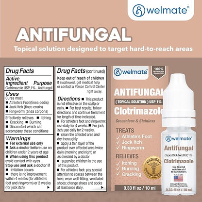 WELMATE Clotrimazole 1% Antifungal Topical Solution, 0.33 fl oz (10mL) – Athlete’s Foot, Jock Itch & Ringworm Treatment, Greaseless, Non-Staining, Fast Relief for Itchy, Cracked, Dry Skin