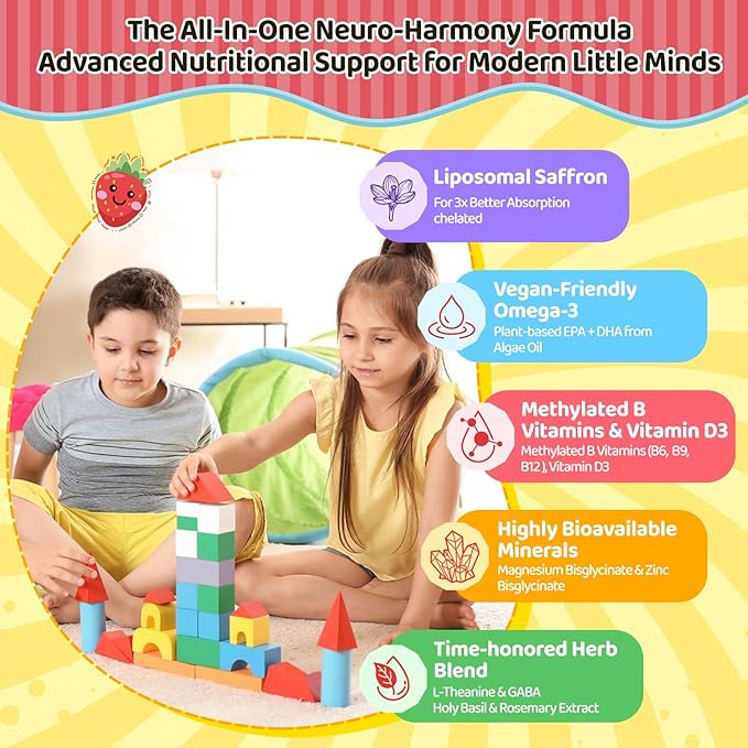 duwhot Liposomal Saffron Gummies for Kids 4+, Saffron Supplements w/Holy Basil, Rosemary, Magnesium Glycinate, Omega-3 & More, Brain Focus Support Supplement, Vegan, Organic, Sugar Free, 120 Chewables