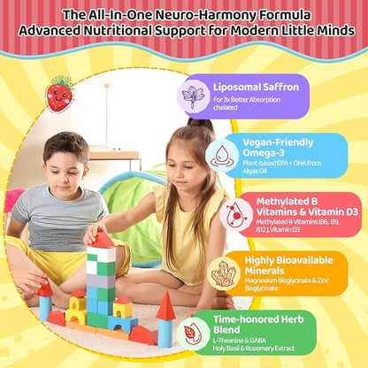 Liposomal Saffron Gummies for Kids 4+, Saffron Supplements w/Holy Basil, Rosemary, Magnesium Glycinate, Omega-3 & More, Brain Focus Support Supplement, Vegan, Organic, Sugar Free, 60 Chewables