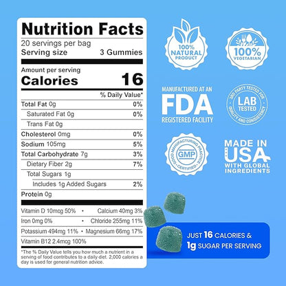Day One Electrogummies - 60pcs of Blue Raspberry Flavored Electrolyte Gummies for Hydration and Recovery - Packed with Essential Electrolytes Ideal for Workouts, Running, Hiking and More