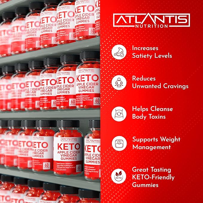 Atlantis Nutrition Keto ACV Gummies for Weight Loss - Apple Cider Vinegar Gummies Formulated to Support Advanced Weight Loss, Digestion, Detox & Cleansing, Made with 1000MG ACV Per Serving - 60 Count