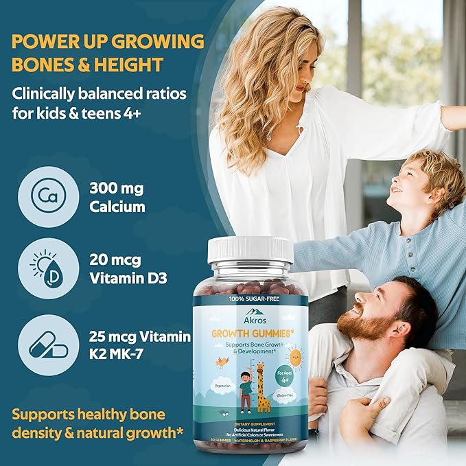 Akros Growth Gummies for Kids & Teens | Sugar-Free Calcium + Vitamin D3 & K2 Gummies - Height & Bone Support | Ashwagandha, Spirulina, L-Arginine | Non-GMO, Gluten-Free, 60 Raspberry-Watermelon Bears