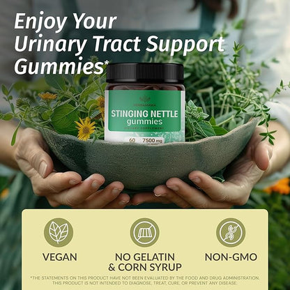 HERBAMAMA Stinging Nettle Gummies - 7500mg Stinging Nettle Root Extract for Urinary Tract Support for Women & Men - Vegan, Non-GMO Urtica Dioica Supplement - 60 Pectin-Based Apple-Flavored Chews