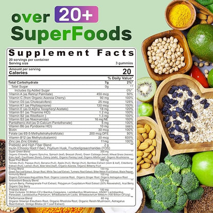 Super Greens Multivitamin Gummies, Daily Greens Superfood Gummies w/Spirulina, Chlorella, Multivitamins, Prebiotic Fiber, Adaptogens, Support Digestive & Gut Health, Immunity, Focus & Energy, 120Cts