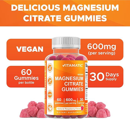 Vitamatic Magnesium Gummies 600mg per Serving – 60 Vegan Gummies – Relaxation, Muscle, Bone & Energy Support – 6 Pack