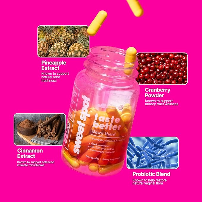 Sweet Spot – Pineapple & Cranberry Vaginal Health Supplement, 60 Capsules – Freshens Taste, Promotes Feminine Balance, Women's pH Balance & Odor Control, with Natural Cinnamon Extract – Made in USA