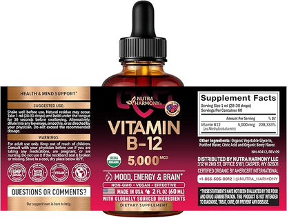 USDA Organic Vitamin B12 Sublingual Drops - 5000 mcg Liquid Vegan Methylcobalamin for Women & Men - Energy Boost, Focus & Mood, Brain Health Support - Maximize Absorption - 2 Month Supply, 2 fl oz