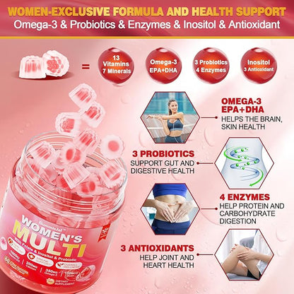 Sugar-Free Women's Multivitamin Gummies - Women Methylated Multivitamin Filled Gummies with Omega-3, Enzymes & Antioxidant Blend to Support Overall Health, Immunity, Hair, Nails & Skin Health - 60 ct