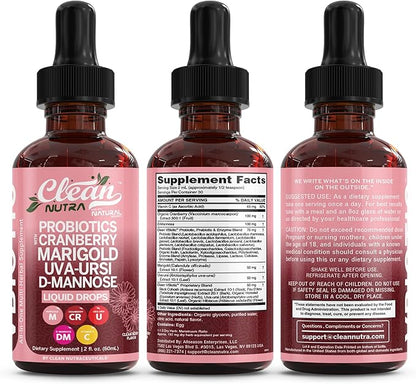 VBiotic Vaginal Probiotic for Women Liquid Drops | Womens Probiotics | Cranberry Uva Ursi Horsetail D-Mannose Prebiotics Marigold & Black Cohosh Vaginal Health Supplement | pH Balance | By Clean Nutra