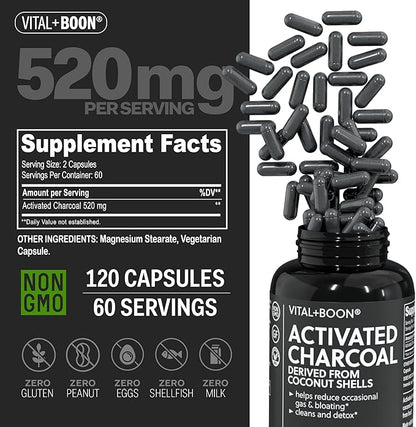 Activated Charcoal Pills – Derived from Coconut Shells – Black Charcoal Binder for Stomach, Gas & Bloating Relief – Gluten Free Vegetarian Active Carbon to Support Detox (120 Capsules)