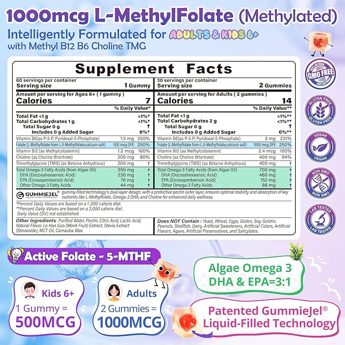 L-Methylfolate 1000 mcg + Methyl B12 Gummies for Kids & Adults - Active 5-MTHF, w/Omega-3 DHA & EPA(3:1), Choline & TMG, B6, Supports MTHFR Gene, Brain, Energy & Methylation, Sugar free, 60 Cts