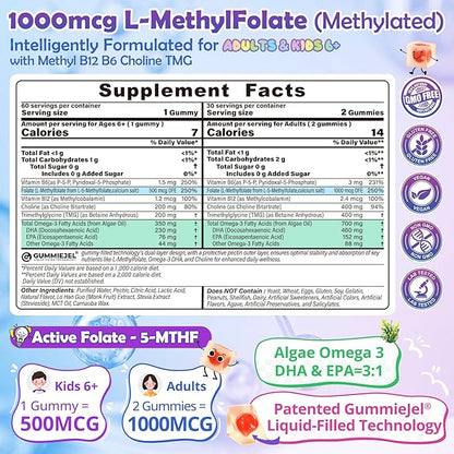 L-Methylfolate 1000 mcg + Methyl B12 Gummies for Kids & Adults - Active 5-MTHF, w/Omega-3 DHA & EPA(3:1), Choline & TMG, B6, Supports MTHFR Gene, Brain, Energy & Methylation, Sugar free, 120 Cts