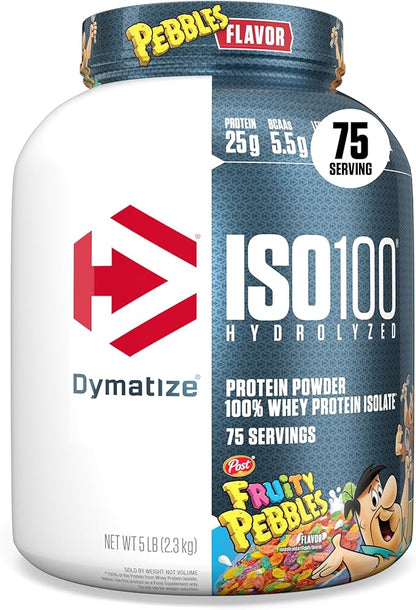 Dymatize x Fruity Pebbles ISO100 Whey Protein Powder Isolate, 25g of Protein, 5.5g BCAAs, 120 Cal., Gluten Free, 1g Fat, 1g Sugar, 2g Carb (75 Servings)