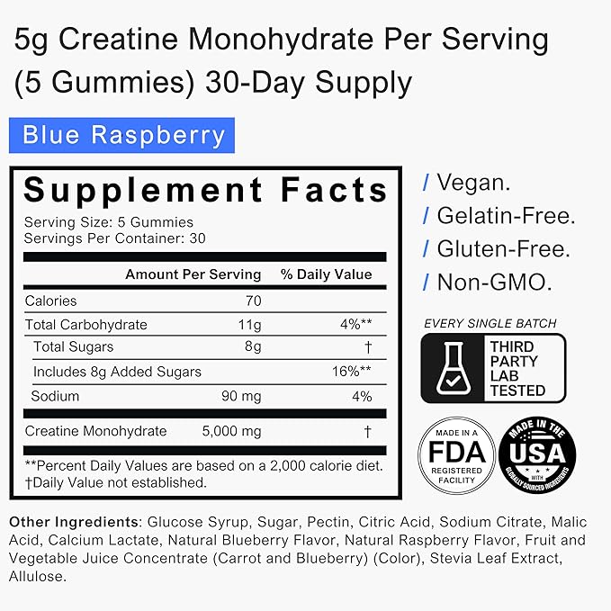 Brava Creatine Gummies | 5g Lab-Verified Creatine Monohydrate Gummies for Men & Women | Every Batch Third-Party Tested | Vegan, Gluten-Free | Blue Raspberry (150 Gummies)