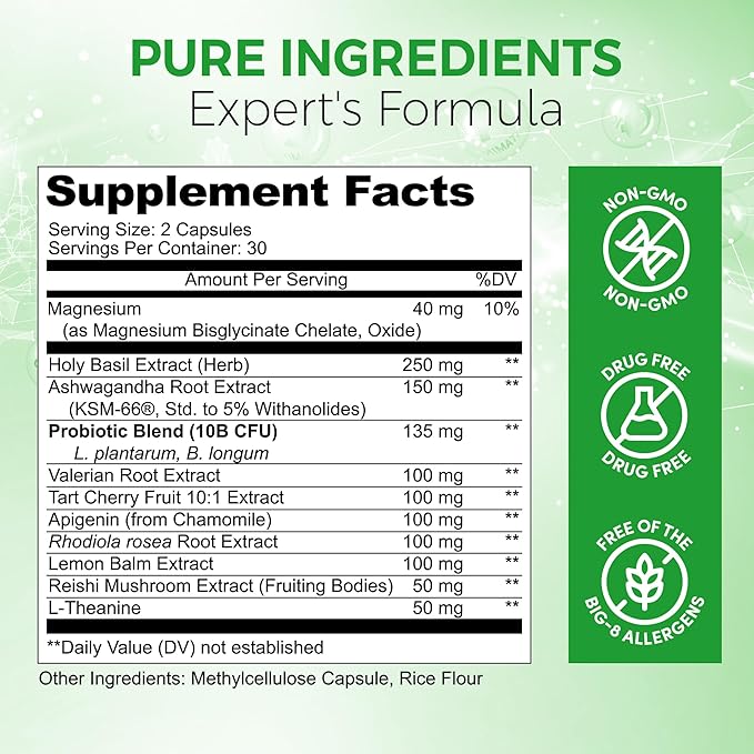 13-in-1 Natural Sleep Aid for Adults – Melatonin-Free Premium Sleep Supplement with Magnesium, Ashwagandha, 5-HTP, Valerian Root & Probiotics – Non-Habit Forming – 60 Capsules