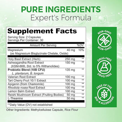 13-in-1 Natural Sleep Aid for Adults – Melatonin-Free Premium Sleep Supplement with Magnesium, Ashwagandha, 5-HTP, Valerian Root & Probiotics – Non-Habit Forming – 60 Capsules