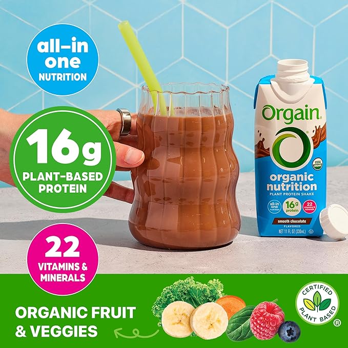 Orgain Organic Nutritional Vegan Protein Shake, Smooth Chocolate - 16g Plant Based Protein, Meal Replacement, 22 Vitamins & Minerals, Fruits & Vegetables, Gluten Free, Non-GMO, 11 Fl Oz (Pack of 24)
