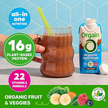 Orgain Organic Nutritional Vegan Protein Shake, Smooth Chocolate - 16g Plant Based Protein, Meal Replacement, 22 Vitamins & Minerals, Fruits & Vegetables, Gluten Free, Non-GMO, 11 Fl Oz (Pack of 24)