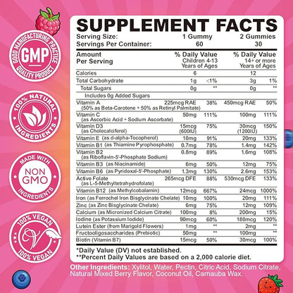 Iron Gummies for Kids & Teens, Kids Multivitamin with Iron Supplement, Calcium, Folate, Zinc, Prebiotic - for Blood Builder & Energy Support, Iron Deficiency - Vegan & Non-GMO - 60 Count Mixberry