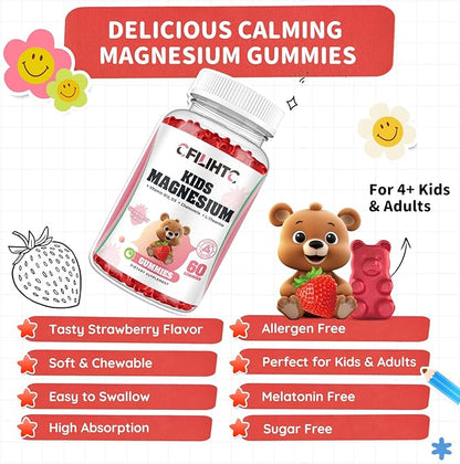 Kids Magnesium Glycinate Gummies, Magnesium for Kids & Adults with Citrate, Zinc, Vitamin D3, B12, L-Theanine Supplement for Sleep Bone & Muscle Mood, Strawberry, 60ct