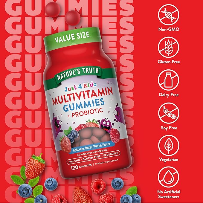 Nature's Truth Kids Multivitamin Gummies with Probiotics | 120 Count | Berry Punch Flavor | Vegetarian, Non-GMO & Gluten Free Supplement