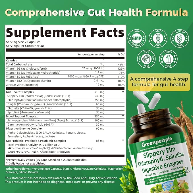 GREENPEOPLE Digestive Enzymes for Women & Men - Gentle Gut Health & Cleanse Capsule with Slippery Elm, Chlorophyll, Spirulina, Probiotics Complex - Complete Sensitive Gut Supplement 60 Ct 30 Days Use