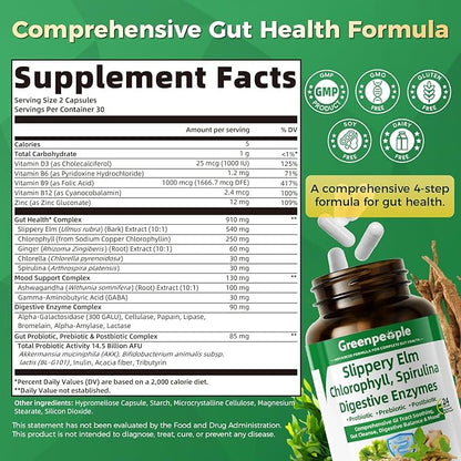 GREENPEOPLE Digestive Enzymes for Women & Men - Gentle Gut Health & Cleanse Capsule with Slippery Elm, Chlorophyll, Spirulina, Probiotics Complex - Complete Sensitive Gut Supplement 60 Ct 30 Days Use