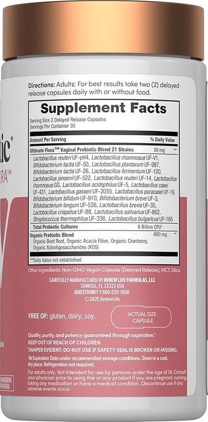 Renew Life Ultimate Flora Vaginal Probiotics for Women | 6 Billion CFU | 60 Delayed Release Vegan Capsules | Vaginal Health and pH Balance | Dairy, Soy and Gluten Free Supplement