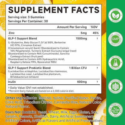 GLP-1 Support Probiotic Blend Gummies 90 Count, with Berberine, Cinnamon, Zinc, Inulin, 1 Billion CFU, 5 Probiotic Strains-1500mg Glp1 Support Blend Supplements, Gut Health, Digestive Wellness, Lemon