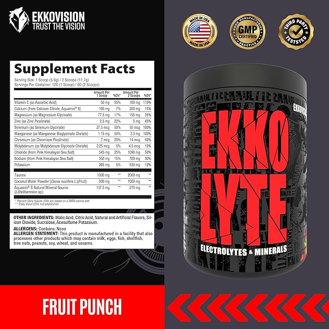 Ekkovision Ekkolyte Electrolytes &Minerals Powder, 50 MG Vitamin C & 155 MG Magnesium for Hydration Support, Essential Electrolytes for Women and Men, Fruit Punch, 120 Servings