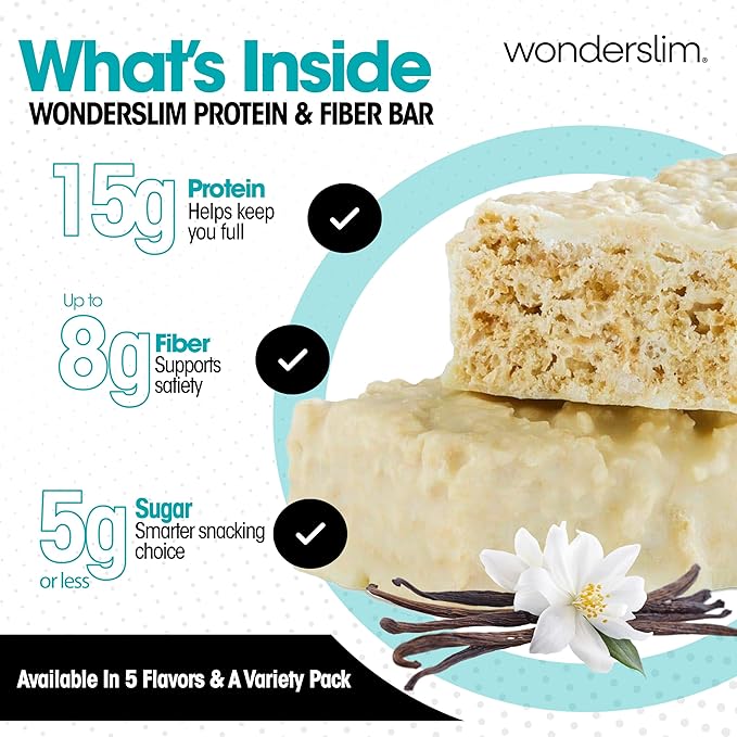 Wonderslim High Fiber Protein Bars, Fluffy Vanilla Crisp | 15g Protein, 6g Fiber | Low Sugar, Low Carb | Healthy Indulgence | Satisfying, Supports Energy & On-the-Go Convenience, 7 Pack