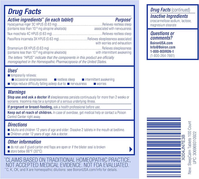 Boiron SleepCalm Tabs - 100 Count for Deep, Relaxing, Restful Nighttime Sleep - Melatonin-Free and Non Habit-Forming Sleep Calm Meltaway Tablets