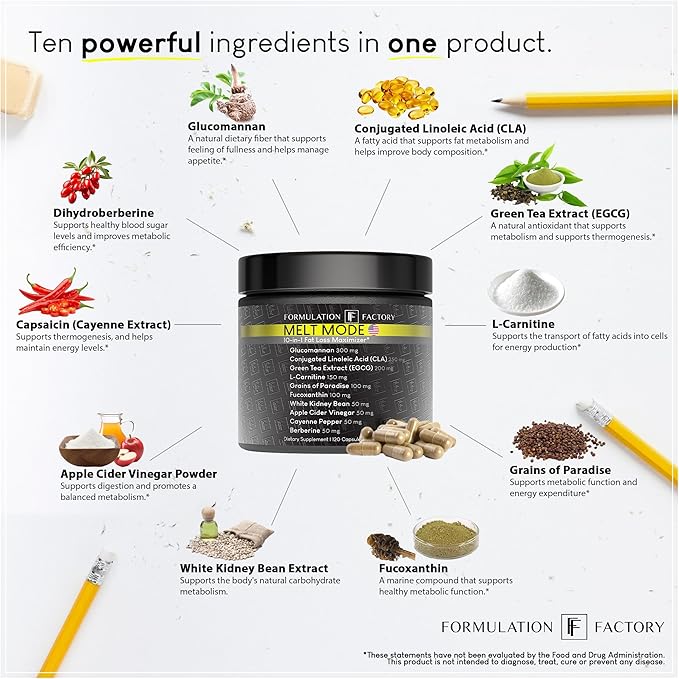 Formulation Factory Metabolism Booster - Melt Mode Natural Thermogenic Support with Glucomannan, L-Carnitine & Green Tea Extract - Advanced Satiety & Energy - 120 Capsules, 2 Month Supply