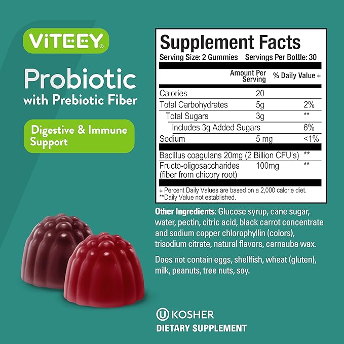 VITEEY Probiotic Gummies with Prebiotics – Gut Health Supplements for Digestive Health – 2 Billion CFUs – Vegan, Gluten-Free – 120 Count