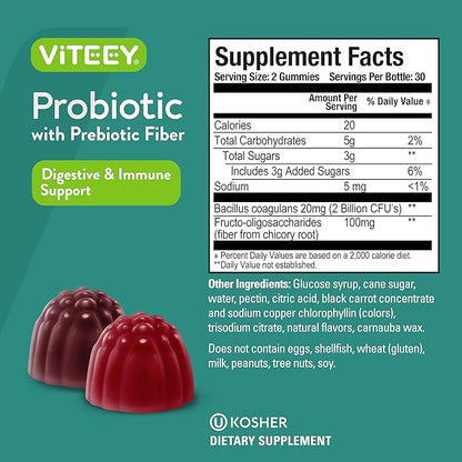VITEEY Probiotic Gummies with Prebiotics – Gut Health Supplements for Digestive Health – 2 Billion CFUs – Vegan, Gluten-Free – 120 Count