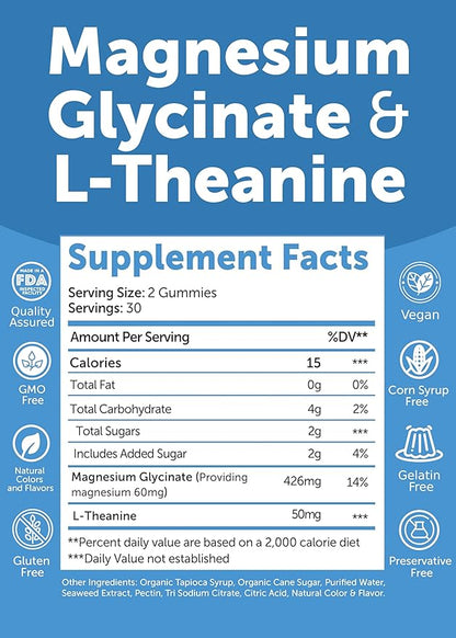 Lunakai USA Made Magnesium Glycinate Gummies with L-Theanine for Kids & Adults – 420mg Magnesium Supplement for Calm, Sleep & Stress Support - 6 Pack