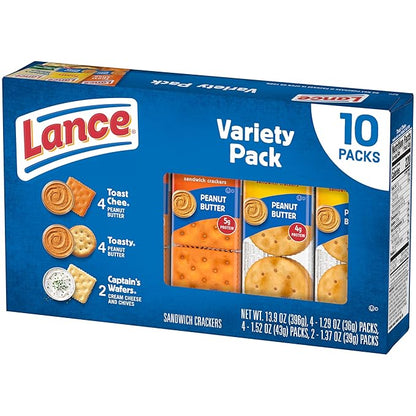 Lance Sandwich Crackers, Variety Pack, 3 Flavors, 10 Individually Wrapped Packs, 6 Sandwiches Each