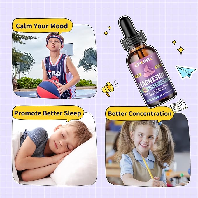 Kids Magnesium Liquid Drops-Magnesium Glycinate Liquid for Kids Supplement-w/L-theanine, Omega-3, Vitamin B6, D3 - for Sleep, Relaxation, Brain, Bones - Grape Flavor, 4 Fl Oz
