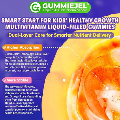 Kids Multivitamin Gummies with Iron, 450mg Algae Omega-3, Methylated B12, Folate, Fiber 2g, Probiotics, Magnesium, A, C, D, K, Zinc, Children Vitamins for Growth, Brain, Eye, Gut, Immune, Sugar Free