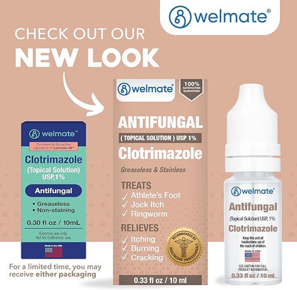 WELMATE Clotrimazole 1% Antifungal Topical Solution, 2 Pack 0.33 fl oz Each - Athlete's Foot, Jock Itch, Ringworm Treatment, Greaseless Non-Staining, Relieves Itchy Cracked Skin