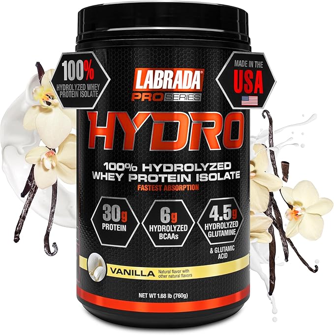 Labrada Hydro 100% Pure Hydrolyzed Whey Protein Isolate Powder, Lactose Free, 6g BCAA’s, 4.5g Glutamine, Fastest Digesting Whey Available, Instant Mixing, Delicious Taste 20 Servings (Vanilla)