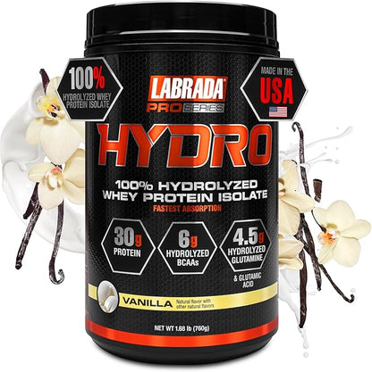 Labrada Hydro 100% Pure Hydrolyzed Whey Protein Isolate Powder, Lactose Free, 6g BCAA’s, 4.5g Glutamine, Fastest Digesting Whey Available, Instant Mixing, Delicious Taste 20 Servings (Vanilla)