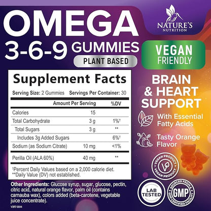 Omega 3 6 9 Gummies - Vegan Omega 3 Supplement Gummy - Essential Fatty Acids Oil 369 Complex Heart Support & Brain Support for Women, Men & Pregnancy, Fish Free Non-GMO, Orange Flavored - 60 Gummies