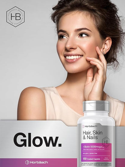 Horbäach Hair Skin and Nails Vitamins | 150 Caplets | with Biotin and Collagen | Supplement for Women and Men | Non-GMO, Gluten Free