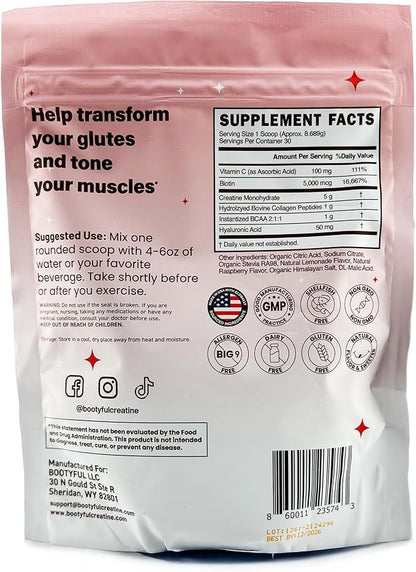Creatine for Women – Booty Builder – Packed with Collagen, Biotin, BCAAs, Hyaluronic Acid, Vitamin C & Creatine Monohydrate Powder – Lean Muscle & Skin Hydration Support – Pink Lemonade, 30 Servings