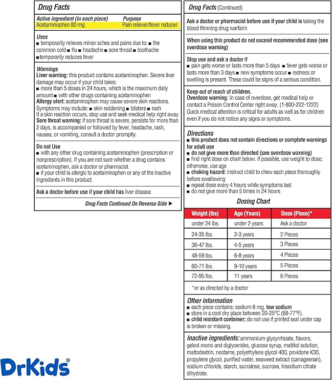 Dr. Kids Children’s Pain and Fever Gummy Bite - Chewable Acetaminophen for Kids Ages 2-11, Pre-Measured Soft Chews for Headache, Sore Throat, Cold and Flu, Orange Vanilla Flavor, 24 Count