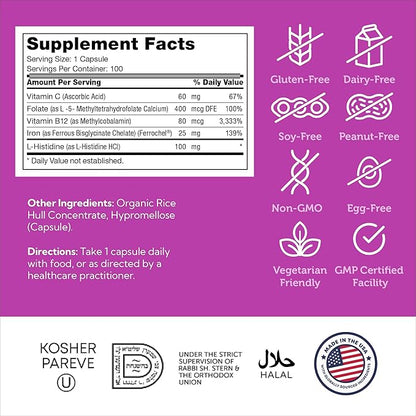 Zahler - Iron Supplement with Vitamin C - Capsule Iron Pills for Women and Men - High Absorption, Easy on Stomach, Kosher Ferrous Iron Supplements with Vitamins C, B12, Folate & More - 100 Count